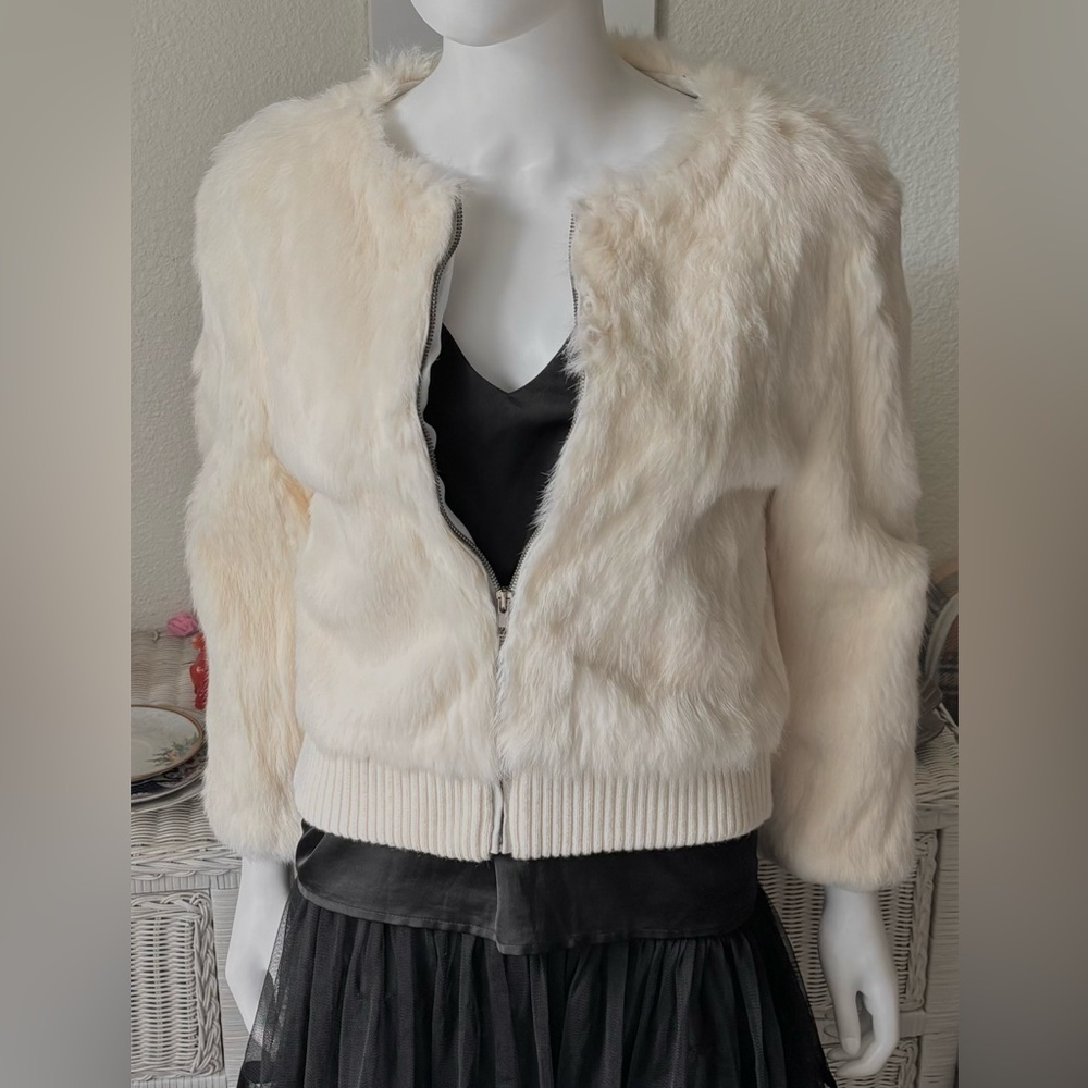 Vintage Shine New York Rabbit Fur Bomber Style Jacket in Creamy Color Size S